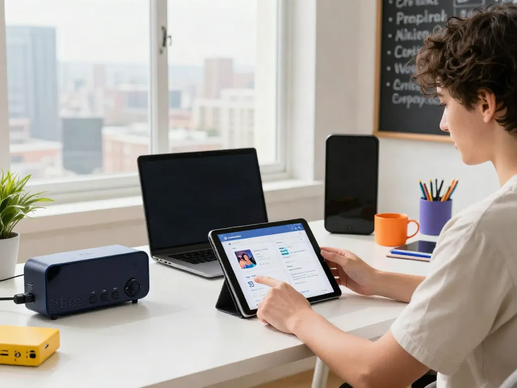 A dynamic workspace featuring a person engaging with the Pikashow app on tablet, showcasing vibrant streaming content while surrounded by modern tech at https://pickashowapp.com/.