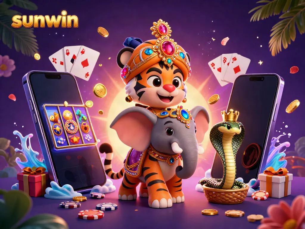 Win big at sunwin with vibrant slots showcased by a cartoon maharaja tiger and elephant in a dynamic casino scene.