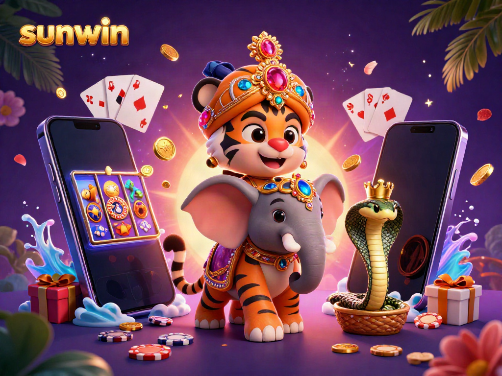 Win big at sunwin with vibrant slots showcased by a cartoon maharaja tiger and elephant in a dynamic casino scene.
