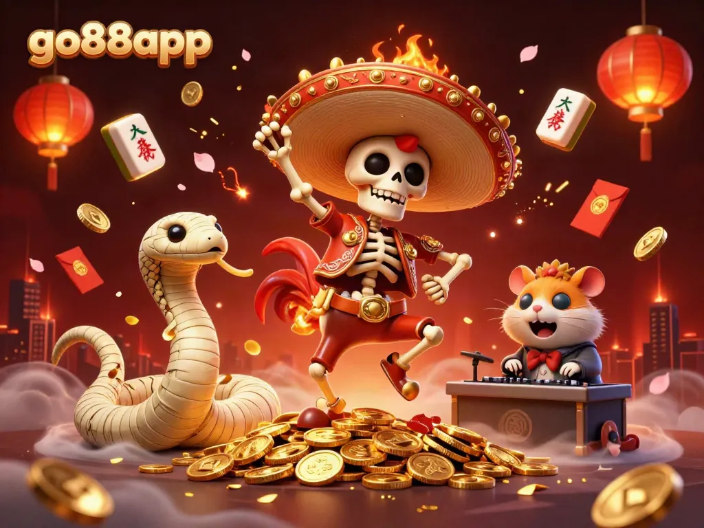 Experience the excitement of go88app with vibrant 3D casino characters dancing on golden coins amidst festive decorations.