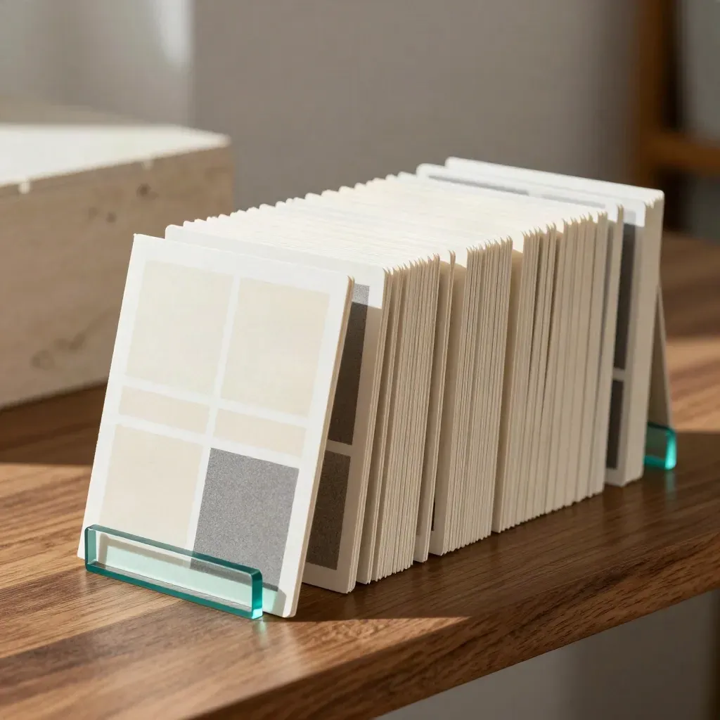 Matte sjablonkaarten en teal spacers waaieren uit op een walnoothouten plank.