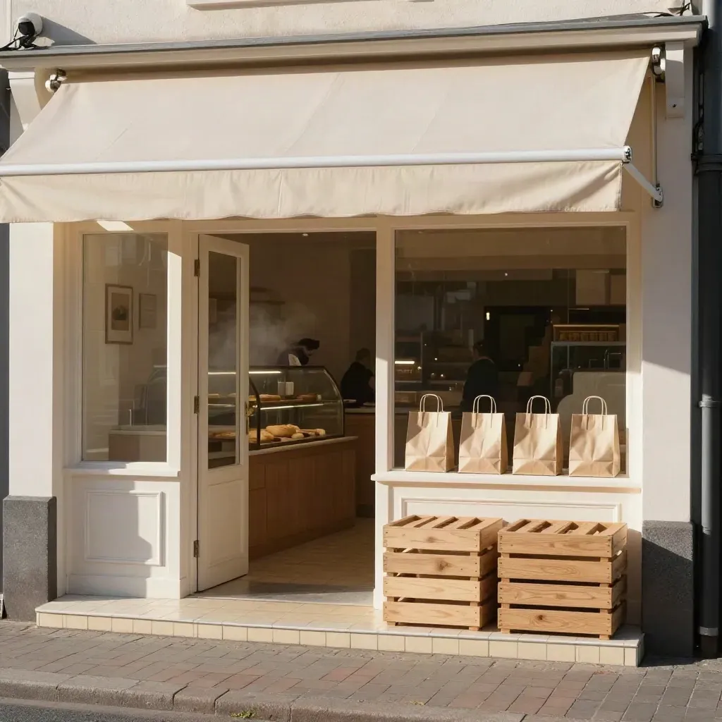 Lagere gevel van bakkerij met crème luifel, broodkratten en warme ochtendsfeer.