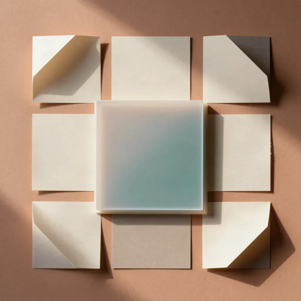 Bovenaanzicht van maquettepapier, acrylaat en teal details op warme terracotta ondergrond.