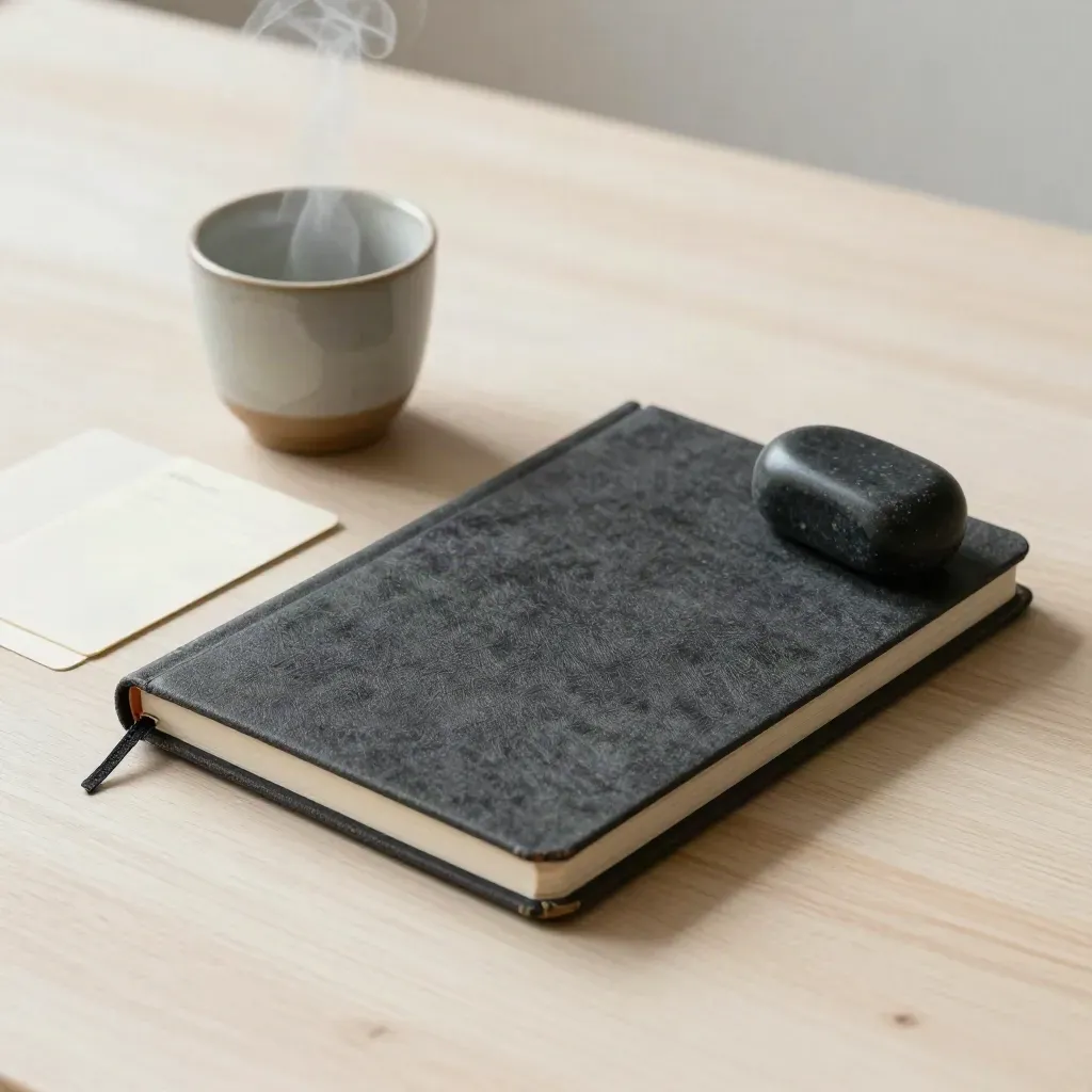 Notitieboek, kaartjes, kopje en steen op licht houten tafel met zacht daglicht.