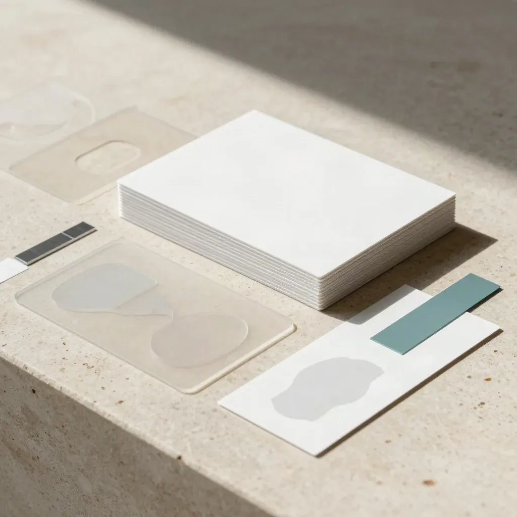 Flatlay van proefkaarten, transparante overlays en teal teststroken op warme kalksteen.