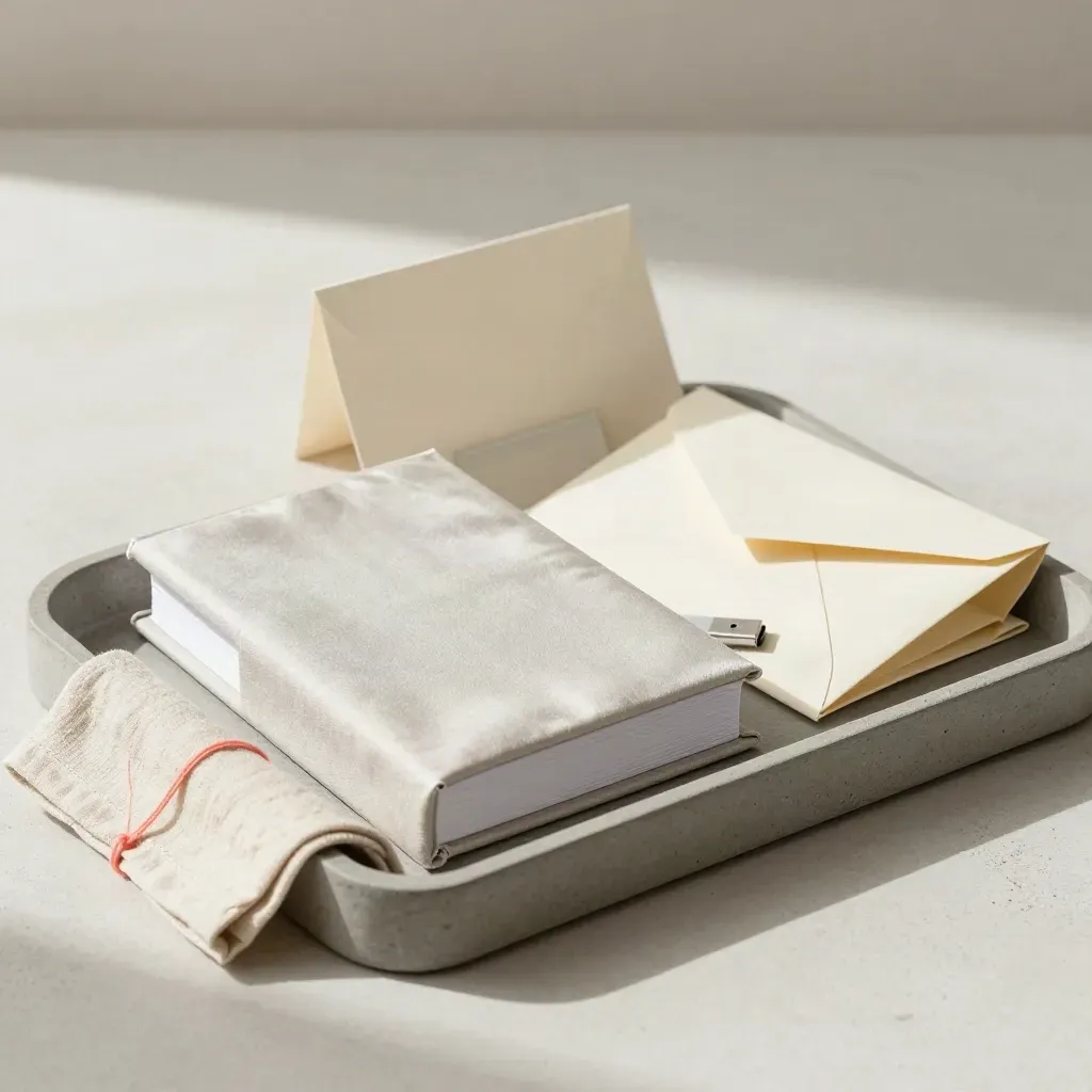 Linnen presentatiedoos, brand book, enveloppen en usb-stick op een stenen tray.
