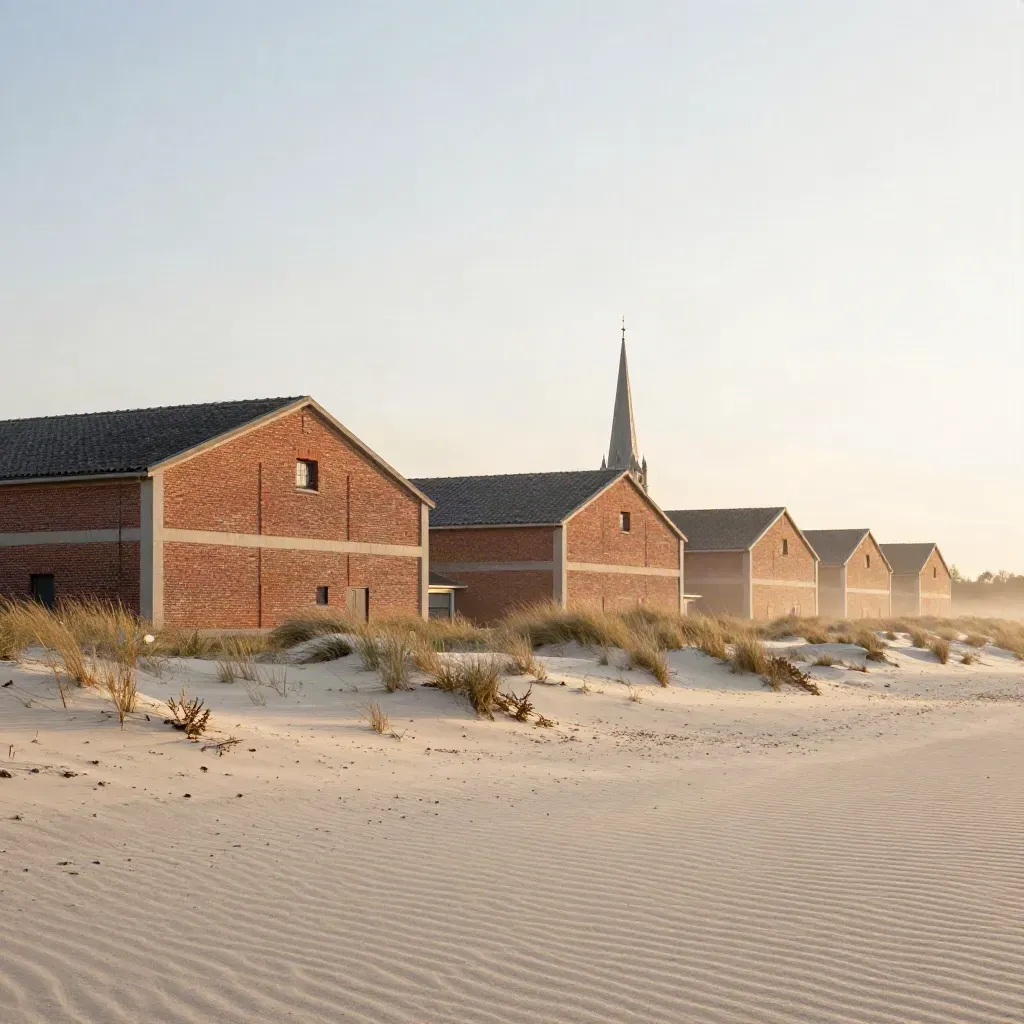 Hazy Kempen-landschap met baksteenloodsen, zand en een kerkspits bij avondlicht.