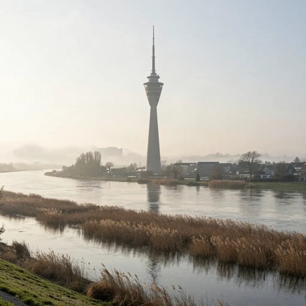 De Domtoren boven mistige uiterwaarden en groene rivieroevers bij ochtendlicht.