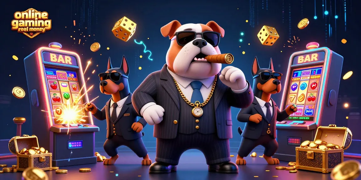 Experience online gaming real money with a lively 3D illustration showcasing a mafia bulldog and Doberman bodyguards among bursting slot machines.