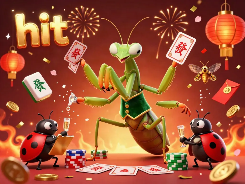 Celebrate winning with vibrant visuals as a giant mantis deals cards in a lively casino scene.