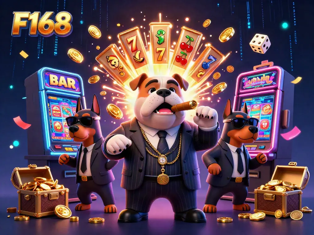 Join the excitement at F168 with a 3D colorful casino scene featuring iconic characters and dynamic gaming elements.