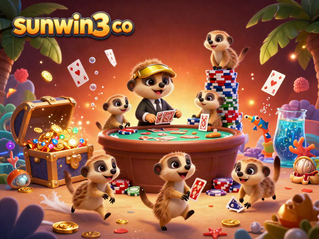Experience the vibrant scene of sunwin3 co, featuring meerkats engaged in a lively casino atmosphere with treasures.