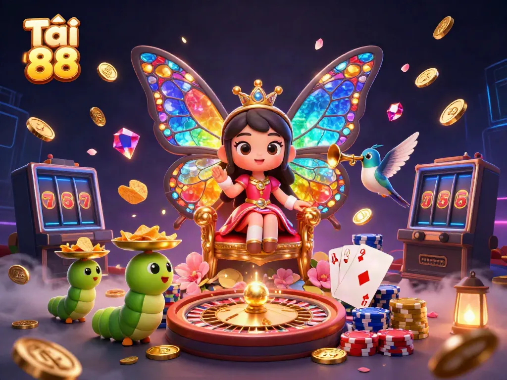 Experience Tải go 88 with vibrant 3D rendering showcasing a butterfly queen and casino elements.