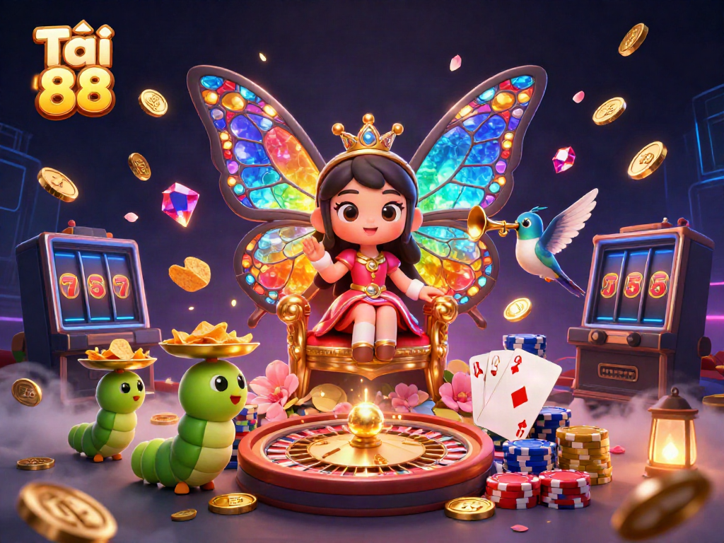 Experience Tải go 88 with vibrant 3D rendering showcasing a butterfly queen and casino elements.