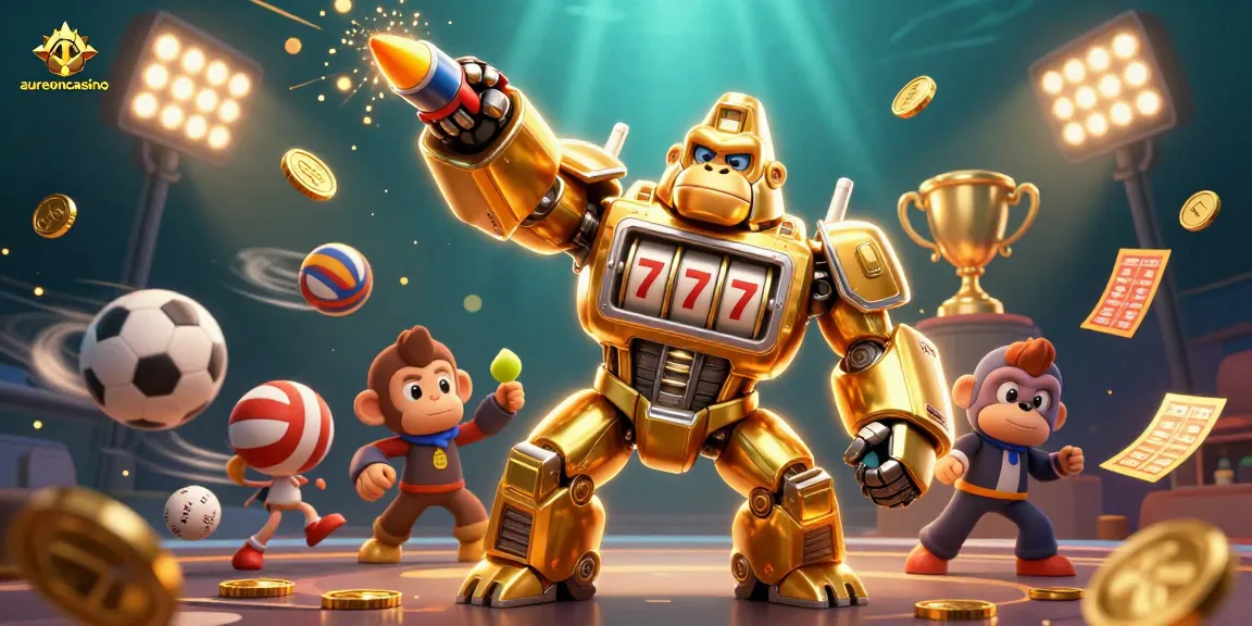 Aureoncasino features a dynamic 3D gorilla mech celebrating big wins with sports elements, showcasing excitement in casino gaming.